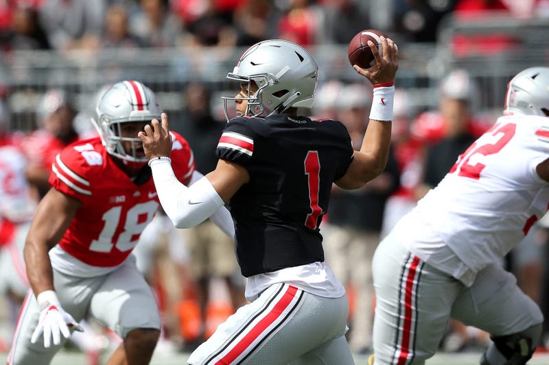 Ohio State Buckeyes quarterback Justin Fields (1) during the first half of the Spring Game at Ohio Stadium.