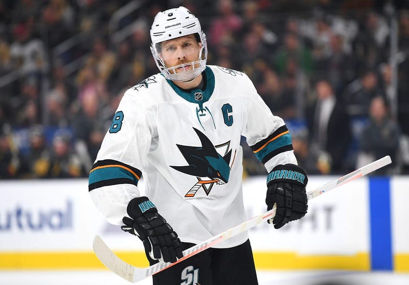 Apr 16, 2019; Las Vegas, NV, USA; San Jose Sharks center Joe Pavelski (8) in action during the second period against the Vegas Golden Knights in game four of the first round of the 2019 Stanley Cup Playoffs at T-Mobile Arena