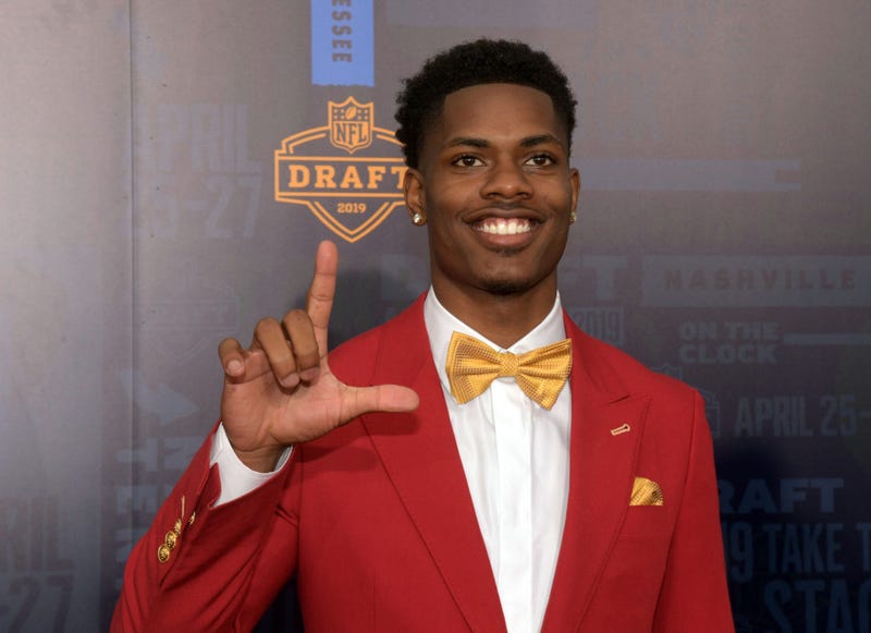 Apr 25, 2019; Nashville, TN, USA; Greedy Williams (Louisiana State) on the red carpet prior to the first round of the 2019 NFL Draft in Downtown Nashville.