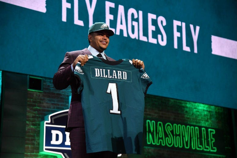 Andre Dillard (Washington State) is selected as the number twenty-two overall pick to the Philadelphia Eagles in the first round of the 2019 NFL Draft in Downtown Nashville.