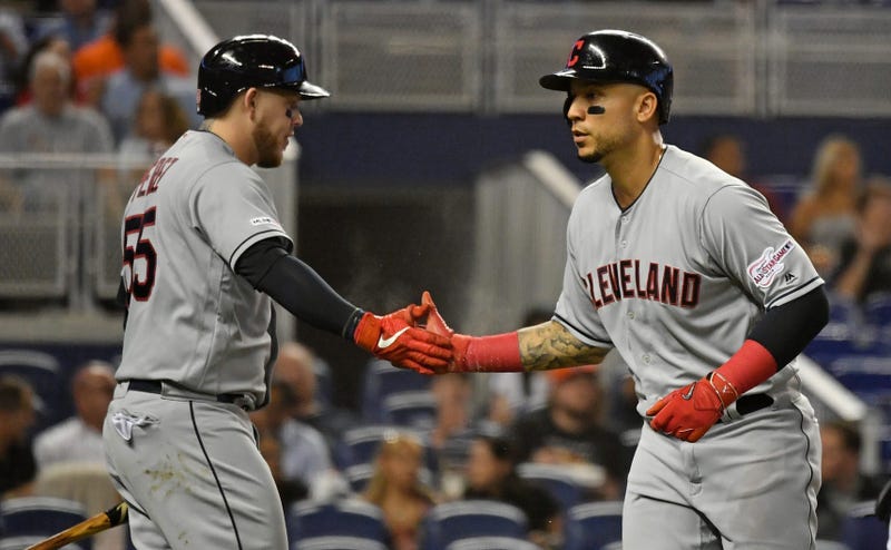 Apr 30, 2019; Miami, FL, USA; Cleveland Indians right fielder Carlos Gonzalez (24) celebrate with catcher Roberto Perez (55) after scoring a run in the second inning against the Miami Marlins at Marlins Park. Mandatory Credit: Jasen Vinlove-USA TODAY Spor