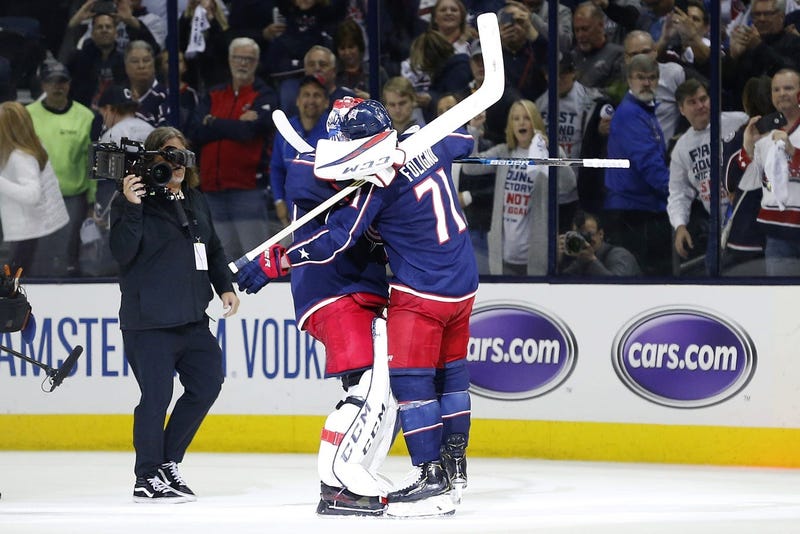 Apr 30, 2019; Columbus, OH, USA; Columbus Blue Jackets goaltender Sergei Bobrovsky (left) and left wing Nick Foligno (right) hug to celebrate, after defeating the Boston Bruins in game three of the second round of the 2019 Stanley Cup Playoffs at Nationwi