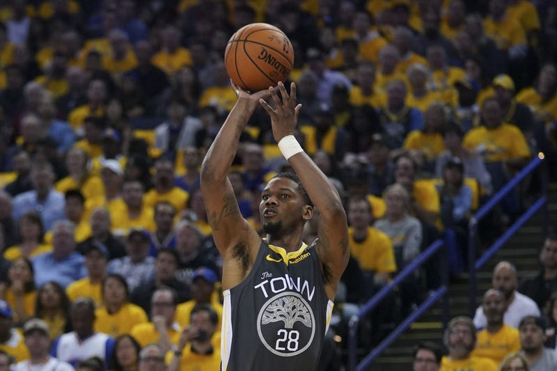 April 30, 2019; Oakland, CA, USA; Golden State Warriors forward Alfonzo McKinnie (28) shoots the basketball against the Houston Rockets during the third quarter in game two of the second round of the 2019 NBA Playoffs at Oracle Arena. The Warriors defeate
