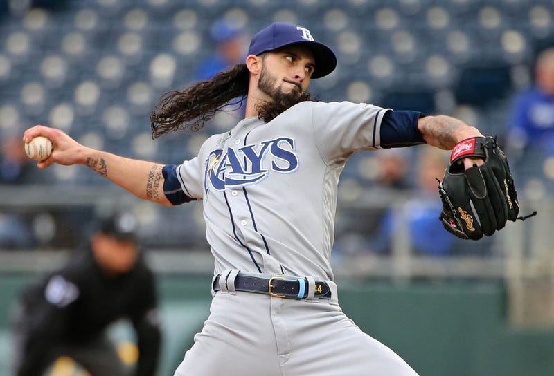 May 1, 2019; Kansas City, MO, USA; Tampa Bay Rays relief pitcher Hunter Wood (44) pitches against the Kansas City Royals during the eighth inning in the first game of a baseball doubleheader at Kauffman Stadium. Mandatory Credit: Jay Biggerstaff-USA TODAY