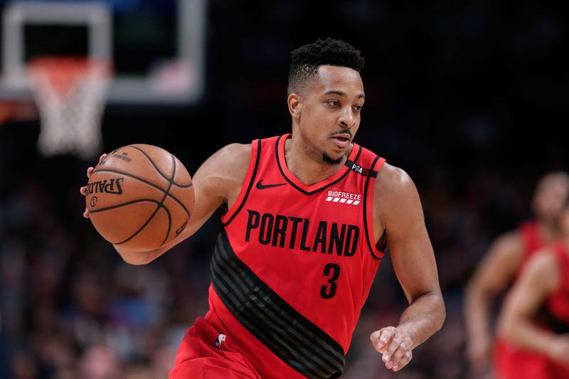 May 1, 2019; Denver, CO, USA; Portland Trail Blazers guard CJ McCollum (3) dribbles the ball in the second quarter against the Denver Nuggets in game two of the second round of the 2019 NBA Playoffs at the Pepsi Center.