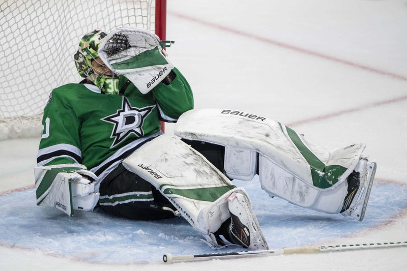 May 5, 2019; Dallas, TX, USA; Dallas Stars goaltender Ben Bishop (30) falls to the ice after getting his in the facemask by a St. Louis Blues stick during the third period in game six of the second round of the 2019 Stanley Cup Playoffs at American Airlin