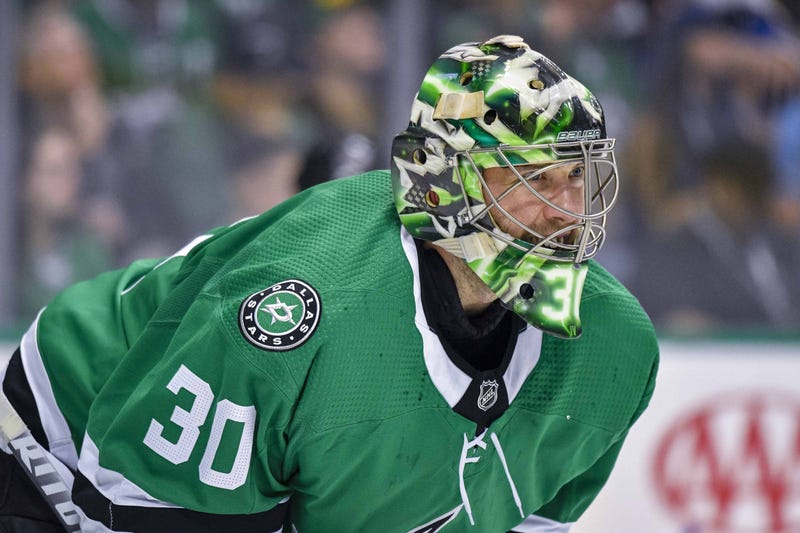 May 5, 2019; Dallas, TX, USA; Dallas Stars goaltender Ben Bishop (30) defends against the St. Louis Blues attack during the first period in game six of the second round of the 2019 Stanley Cup Playoffs at American Airlines Center.
