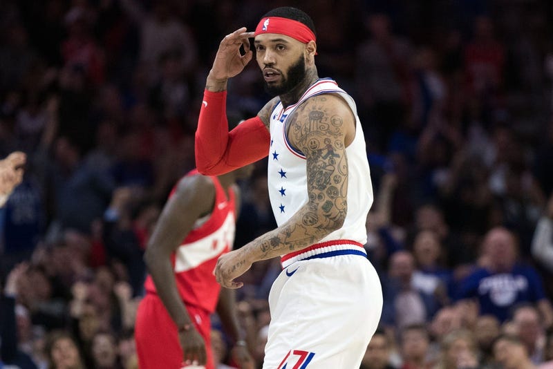 Philadelphia 76ers forward Mike Scott reacts during the first quarter against the Toronto Raptors in game six of the second round of the 2019 NBA Playoffs at Wells Fargo Center.