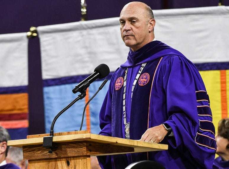 President Jim Clements speaks during Clemson University commencement ceremonies in Littlejohn Coliseum in Clemson Friday, May 10, 2019. Clemson University Commencement Ceremonies May 2019