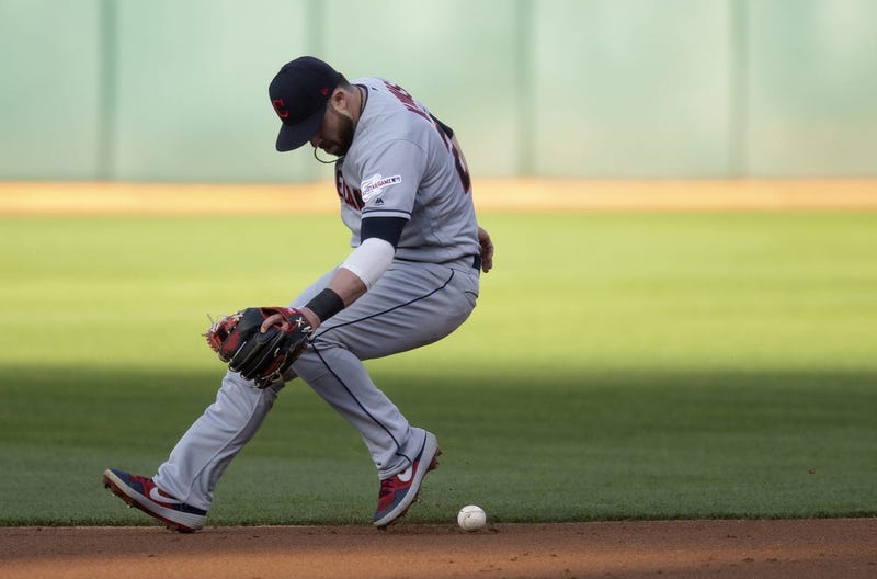 Cleveland Indians second baseman Jason Kipnis (22) fields a ball hit by Oakland Athletics Jurickson Profar during the first inning of a Major League Baseball game at Oakland Coliseum.