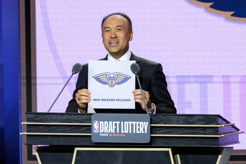 May 14, 2019; Chicago, IL, USA; NBA deputy commissioner Mark Tatum reveals the number one pick for the New Orleans Pelicans during the 2019 NBA Draft Lottery at the Hilton Chicago.