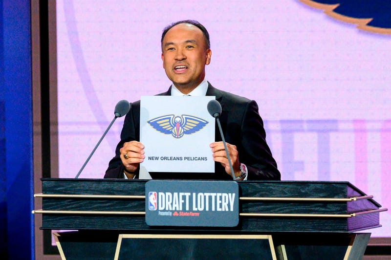 May 14, 2019; Chicago, IL, USA; NBA deputy commissioner Mark Tatum reveals the number one pick for the New Orleans Pelicans during the 2019 NBA Draft Lottery at the Hilton Chicago. Mandatory Credit: Patrick Gorski-USA TODAY Sports