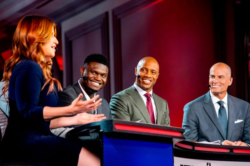 May 14, 2019; Chicago, IL, USA; NBA top prospect Zion Williamson (third from left) is seen during the 2019 NBA Draft Lottery at the Hilton Chicago. Mandatory Credit: Patrick Gorski-USA TODAY Sports