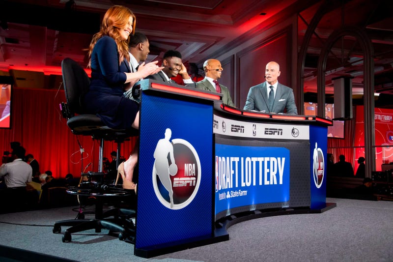 May 14, 2019; Chicago, IL, USA; NBA top prospect Zion Williamson (third from left) is seen during the 2019 NBA Draft Lottery at the Hilton Chicago. Mandatory Credit: Patrick Gorski-USA TODAY Sports