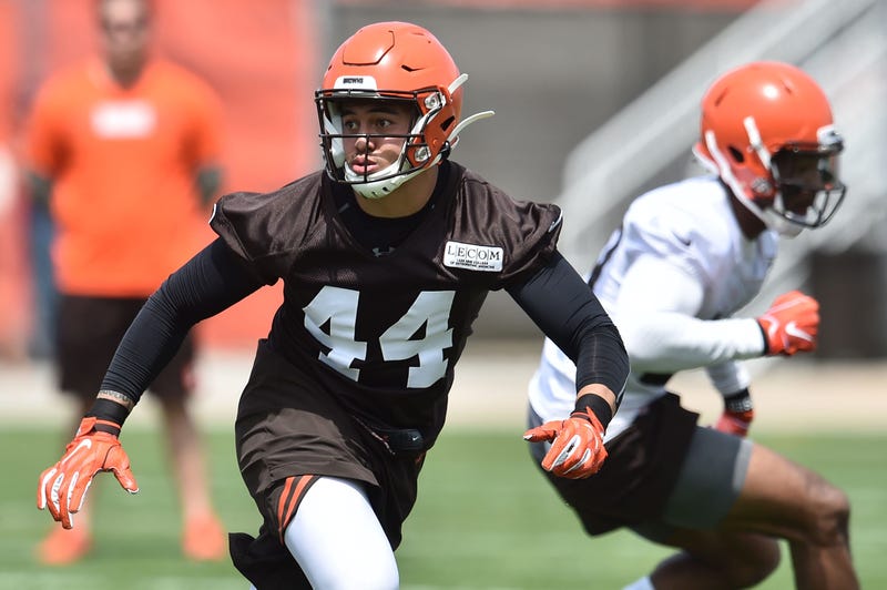 May 15, 2019; Berea, OH, USA; Cleveland Browns linebacker Sione Takitaki (44) runs a drill during organized team activities at the Cleveland Browns training facility. Mandatory Credit: Ken Blaze-USA TODAY Sports