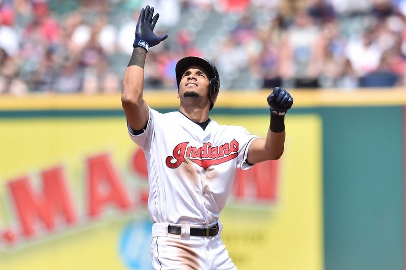 Cleveland Indians right fielder Oscar Mercado (35) celebrates after hitting an RBI double during the sixth inning against the Baltimore Orioles at Progressive Field.
