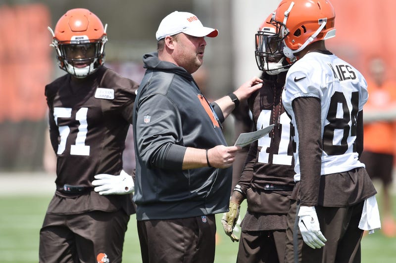 Cleveland Browns head coach Freddie Kitchens talks to players during organized team activities at the Cleveland Browns training facility.