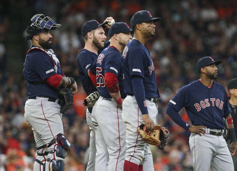 Boston Red Sox players Sandy Leon, Chris Sale, Steve Pearce, Xander Bogaerts, and Eduardo Nunez