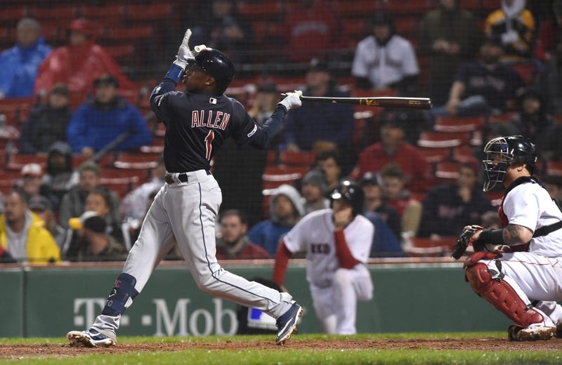May 28, 2019; Boston, MA, USA; Cleveland Indians left fielder Greg Allen (1) hits a game tying home run during the ninth inning against the Boston Red Sox at Fenway Park. Mandatory Credit: Bob DeChiara-USA TODAY Sports
