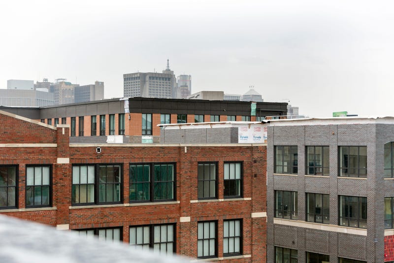 The large rooftop terrace at The Towns condos overlooks the old Tiger Stadium and has views of downtown, in Detroit, Mich., Thursday, May 30, 2019. Towns 053019 18