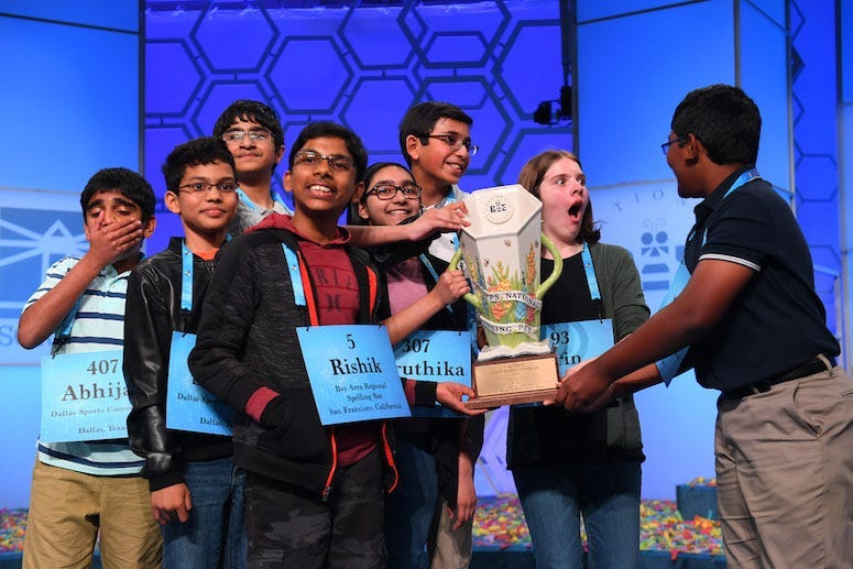 Abhijay Kodali, Christopher Serrao, Erin Howard, National Spelling Bee, Rishik Gandharsi, Rohan Raja, Saketh Sundar, Shruthika Padhy, Sohum Sukhantankar, Spelling, Finals, Winners, DFW