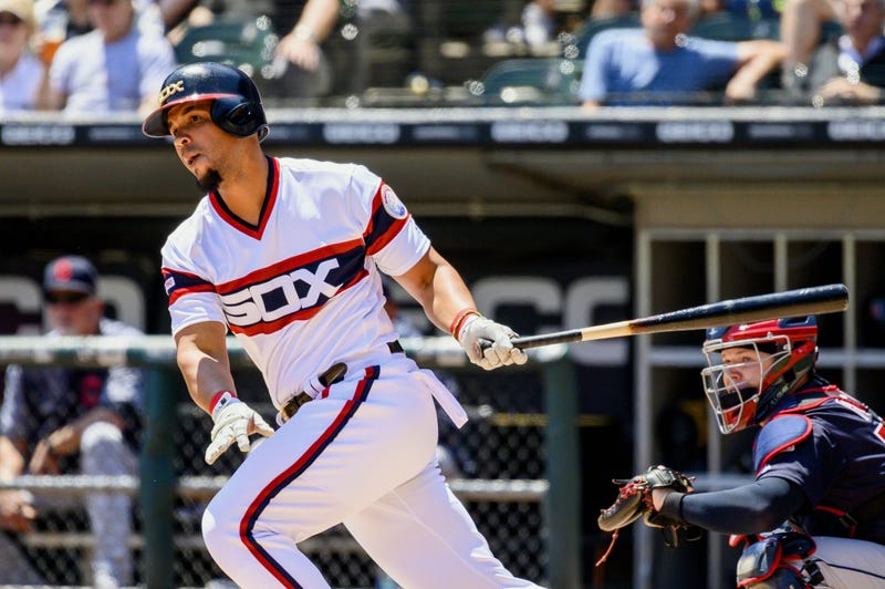 Jun 2, 2019; Chicago, IL, USA; Chicago White Sox designated hitter Jose Abreu (79) hits a double during the first inning against the Cleveland Indians at Guaranteed Rate Field. Mandatory Credit: Patrick Gorski-USA TODAY Sports