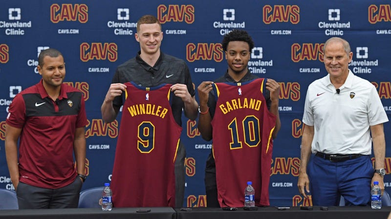 Jun 21, 2019; Independence, OH, USA; Cleveland Cavaliers first round draft picks Dylan Windler and Darius Garland show off their jerseys with General Manager Koby Altman and head coach John Beilein during a press conference at Cleveland Clinic Courts.