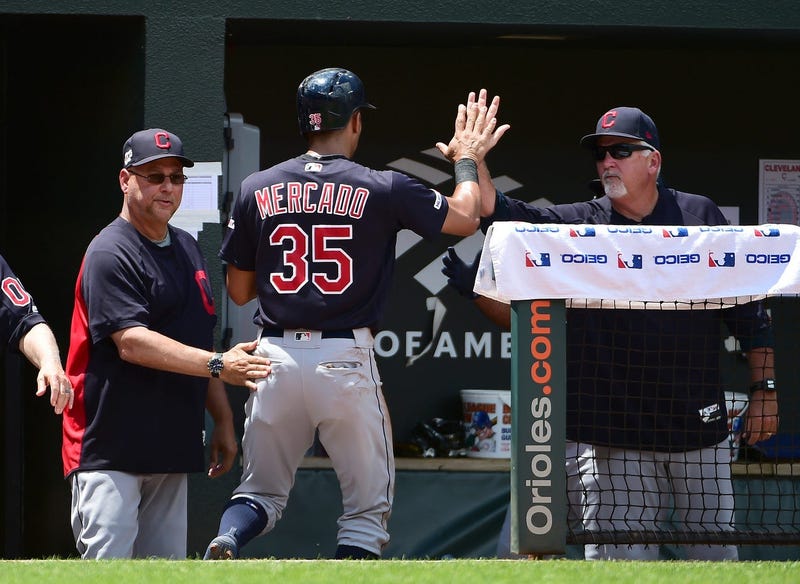 Cleveland Indians manager Terry Francona (left) congratulates outfielder Oscar Mercado (35) after scoring a run in the third inning against the Baltimore Orioles at Oriole Park at Camden Yards.