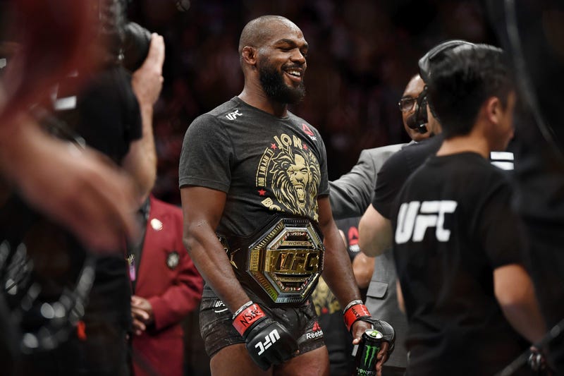 Jon Jones (red gloves) after his win against Thiago Santos (not pictured) at T-Mobile Arena.