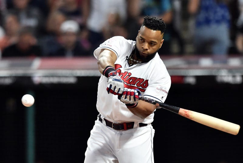 Jul 8, 2019; Cleveland, OH, USA; Cleveland Indians first baseman Carlos Santana (41) during the first round in the 2019 MLB Home Run Derby at Progressive Field. Mandatory Credit: Ken Blaze-USA TODAY Sports