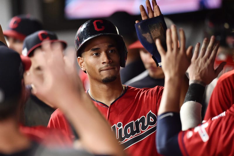 Cleveland Indians center fielder Oscar Mercado (35) celebrates after scoring during the eighth inning against the Kansas City Royals at Progressive Field.