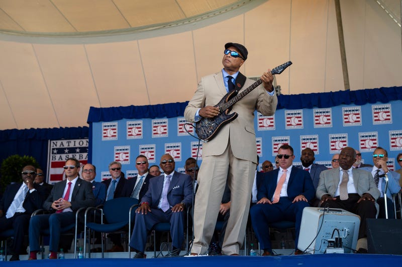 Former New York Yankees center fielder Bernie William performs Take Me Out to the Ball Game during to the 2019 National Baseball Hall of Fame induction ceremony at the Clark Sports Center.
