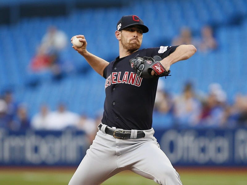 Jul 24, 2019; Toronto, Ontario, CAN; Cleveland Indians pitcher Shane Bieber (57) throws the ball against the Toronto Blue Jays during the first inning at Rogers Centre. Mandatory Credit: John E. Sokolowski-USA TODAY Sports