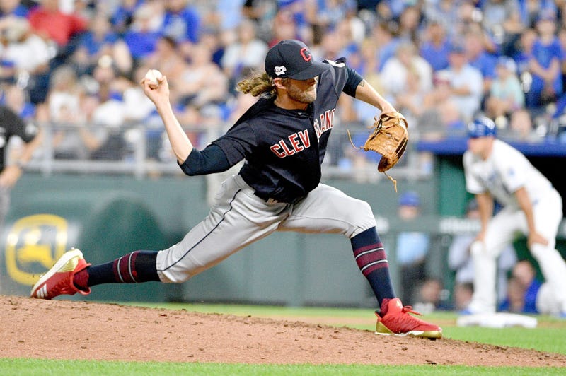 Cleveland Indians relief pitcher Adam Cimber (90) delivers a pitch in the sixth inning which hit Kansas City Royals second baseman Whit Merrifield (15) (not pictured) and allowing a run to score in the game against the Kansas City Royals at Kauffman Stadi