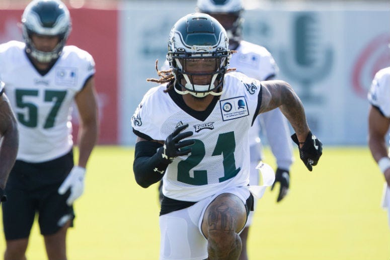 Jul 26, 2019; Philadelphia, PA, USA; Philadelphia Eagles cornerback Ronald Darby (21) runs drills during training camp at Novacare Complex.