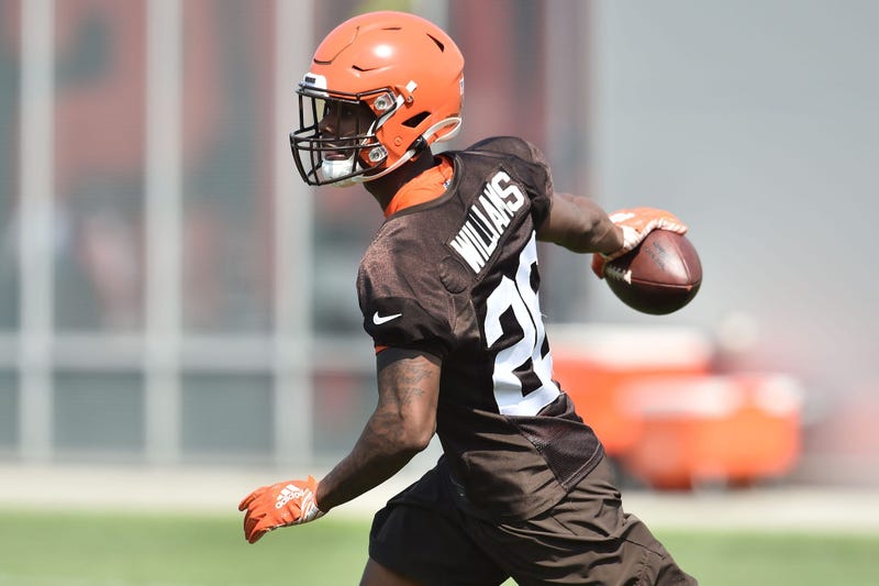 Cleveland Browns cornerback Greedy Williams (26) celebrates an interception during training camp at the Cleveland Browns Training Complex.