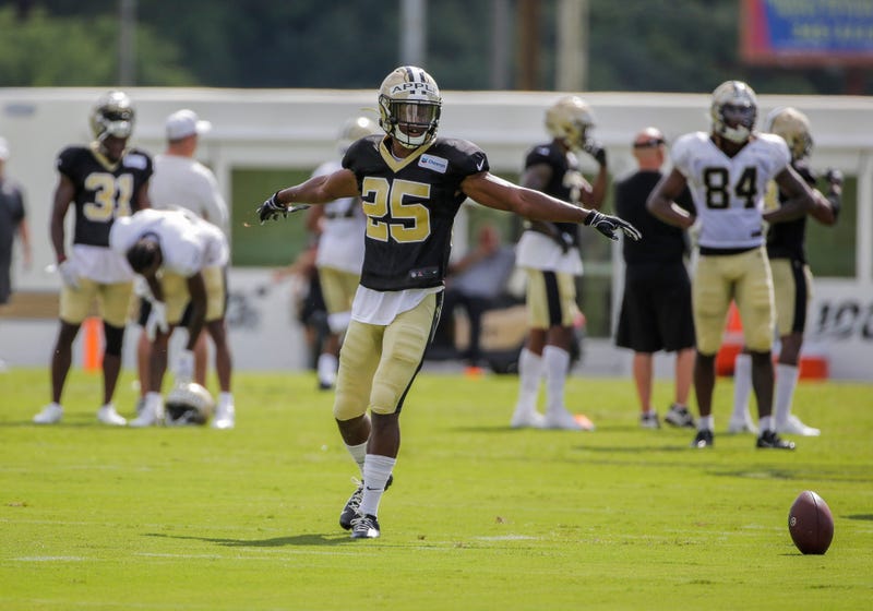 New Orleans Saints cornerback Eli Apple (25) reacts during training camp at the Ochsner Sports Performance Center.