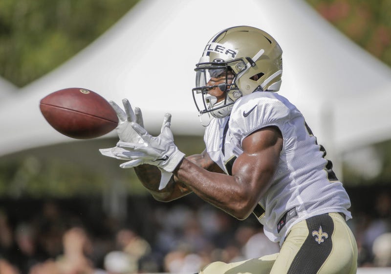 Jul 28, 2019; Metairie, LA, USA; New Orleans Saints wide receiver Emmanuel Butler (17) catches a pass during training camp at the Ochsner Sports Performance Center.