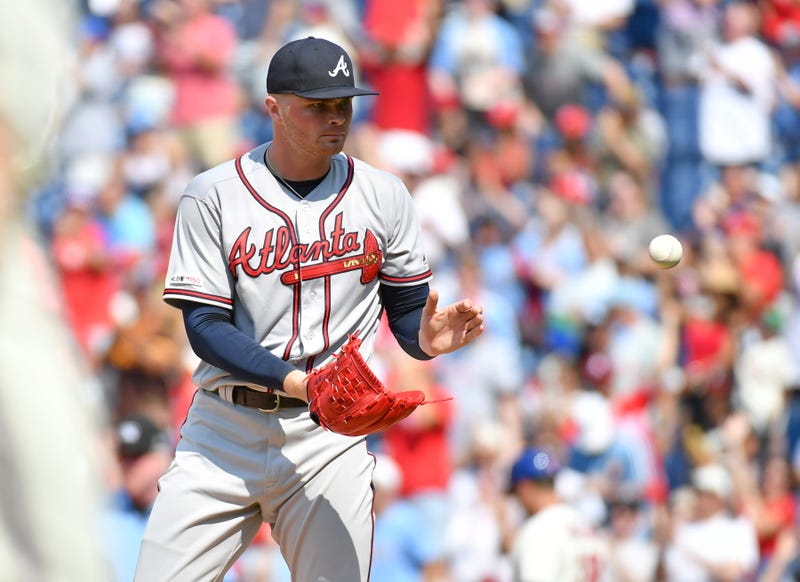 Jul 28, 2019; Philadelphia, PA, USA; Atlanta Braves relief pitcher Sean Newcomb (15) gets a new baseball after allowing a home run during the seventh inning against the Philadelphia Phillies at Citizens Bank Park. Mandatory Credit: Eric Hartline-USA TODAY