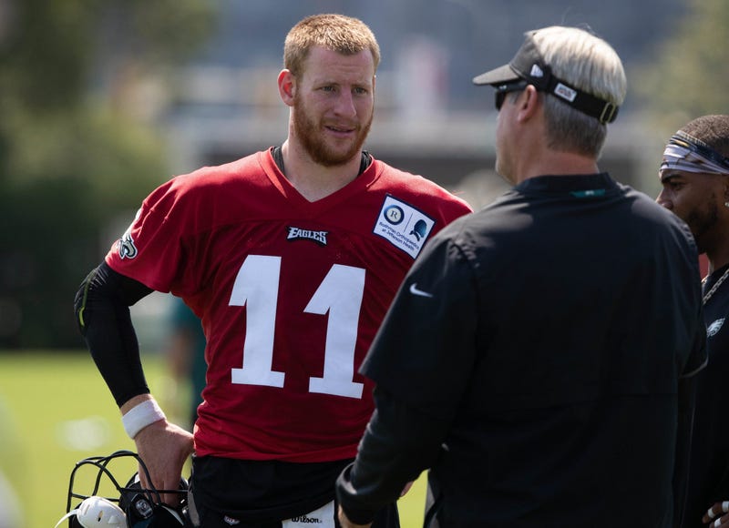 Eagles quarterback Carson Wentz and head coach Doug Pederson during training camp at Novacare Complex, on July 26, 2019.
