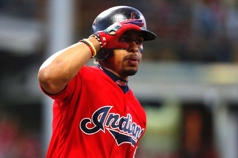 Aug 3, 2019; Cleveland, OH, USA; Cleveland Indians shortstop Francisco Lindor (12) celebrates after he hits a three run home run in the fifth inning against the Los Angeles Angels at Progressive Field. Mandatory Credit: Rick Osentoski-USA TODAY Sports