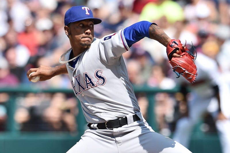 Aug 7, 2019; Cleveland, OH, USA; Texas Rangers relief pitcher Emmanuel Clase (43) throws a pitch during the eighth inning against the Cleveland Indians at Progressive Field. Mandatory Credit: Ken Blaze-USA TODAY Sports