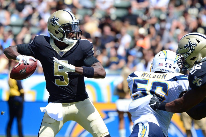 Aug 18, 2019; Carson, CA, USA; New Orleans Saints quarterback Teddy Bridgewater (5) looks to pass during the second quarter against the Los Angeles Chargers at Dignity Health Sports Park.