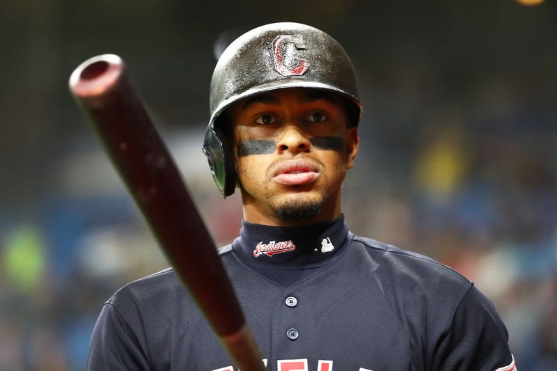 Aug 30, 2019; St. Petersburg, FL, USA; Cleveland Indians shortstop Francisco Lindor (12) on deck to bat during the second inning against the Tampa Bay Rays at Tropicana Field. Mandatory Credit: Kim Klement-USA TODAY Sports