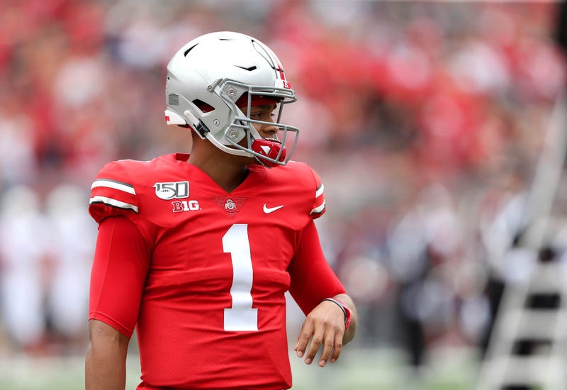 Aug 31, 2019; Columbus, OH, USA; Ohio State Buckeyes quarterback Justin Fields (1) before the game against the Florida Atlantic Owls at Ohio Stadium. Mandatory Credit: Joe Maiorana-USA TODAY Sports