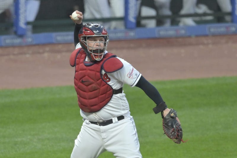 Sep 4, 2019; Cleveland, OH, USA; Cleveland Indians catcher Roberto Perez (55) throws to first base in the second inning against the Chicago White Sox at Progressive Field. Mandatory Credit: David Richard-USA TODAY Sports