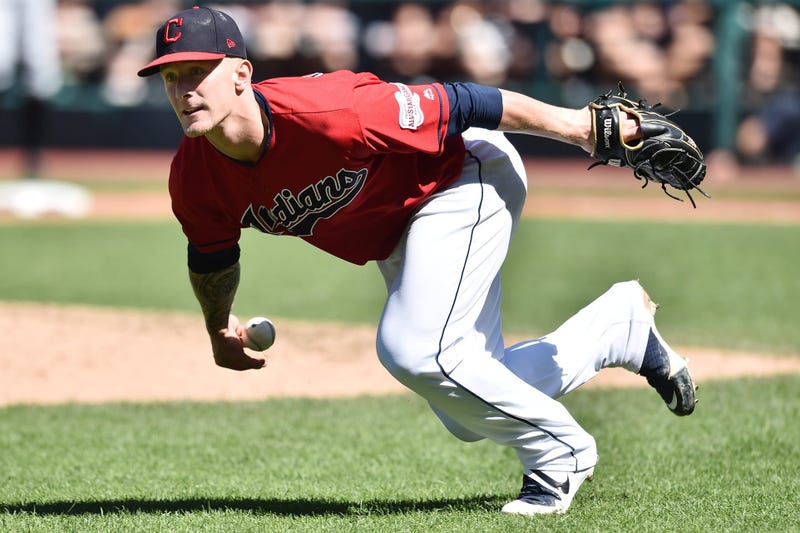 Sep 5, 2019; Cleveland, OH, USA; Cleveland Indians starting pitcher Zach Plesac (65) loses the ball as he tries to field a bunt hit by Chicago White Sox third baseman Danny Mendick (not pictured) during the sixth inning at Progressive Field. Mandatory Cre