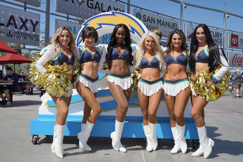 Sep 8, 2019; Carson, CA, USA; Los Angeles Chargers girls cheerleaders pose before the game against the Indianapolis Colts at Dignity Health Sports Park. Mandatory Credit: Kirby Lee-USA TODAY Sports