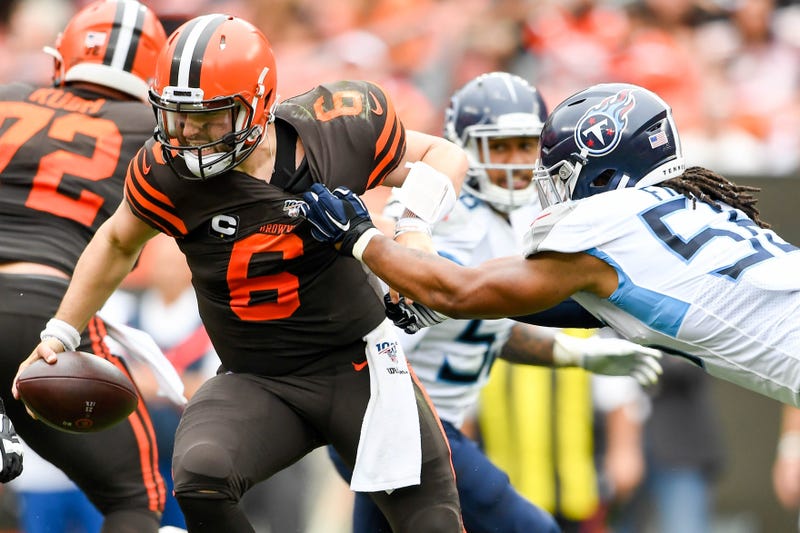 Tennessee Titans linebacker Sharif Finch (56) sacks Cleveland Browns quarterback BakeTennessee Titans linebacker Sharif Finch (56) sacks Clever Mayfield (6) during the fourth quarter at FirstEnergy Stadium Sunday, Sept. 8, 2019 in Cleveland, Ohio. Gw55130