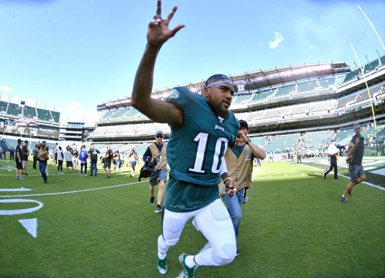 Philadelphia Eagles wide receiver DeSean Jackson (10) runs off the field.